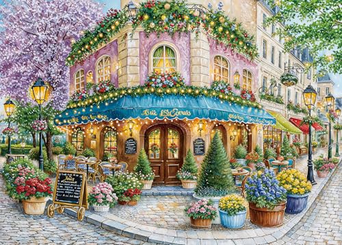 Charming Corner Coffee 1000 Piece Puzzle for Adults - Warm Flower-Filled Street Scene - Challenging Paper Jigsaw Puzzle for Hobbyists Home Decoration - color: Corner Coffee
