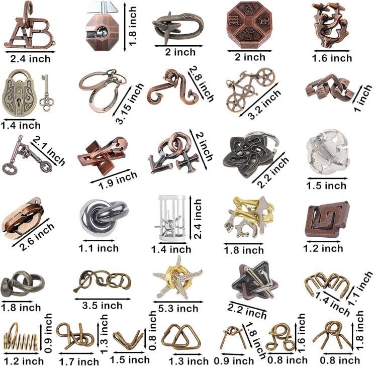 AHYUAN 32Pcs Metal Brain Teaser Puzzles 3D Cast Steel Teasers Puzzle for Kids Teens Magic Puzzles Games Toys IQ Education Smart Logic Test Toy Fidget Toys Party Favors for Kids Adults Challenge