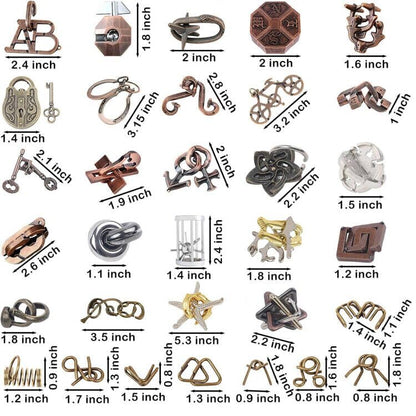 AHYUAN 32Pcs Metal Brain Teaser Puzzles 3D Cast Steel Teasers Puzzle for Kids Teens Magic Puzzles Games Toys IQ Education Smart Logic Test Toy Fidget Toys Party Favors for Kids Adults Challenge