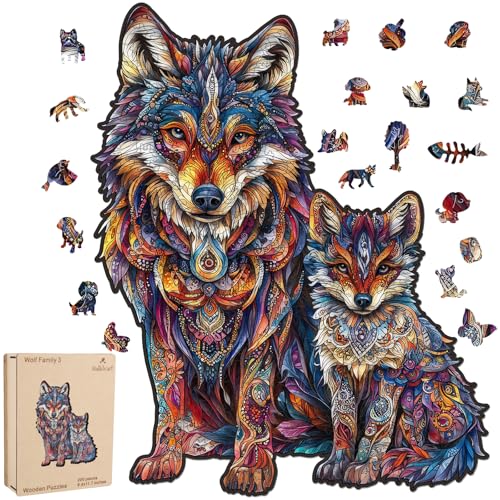 Ruikiyart Jigsaw Puzzles, Wolf Wooden Puzzles for Adults | Unique Shape Animal Puzzle with Puzzle Saver, Wall Decor, Puzzle Game Gifts for Boys, 5 mm Thick, 200 Pieces (9.4"*11.7") - color: Wolf Family-2, size: 200 Pieces