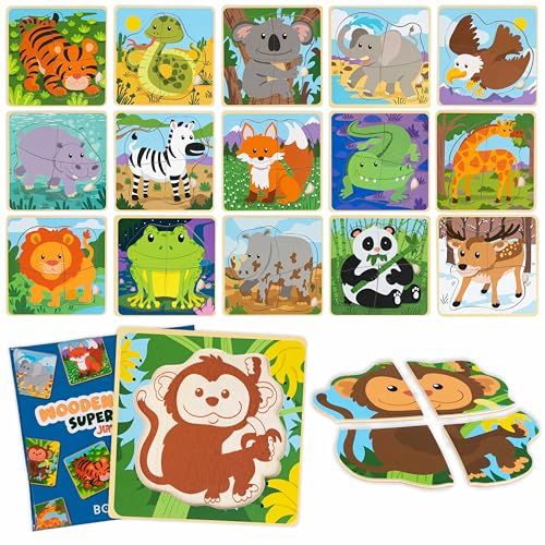 BONNYCO 4 Pieces Wooden Puzzles Pack 16 Party Favors for Kids 1 to 5. Birthday Goodie Bags Stuffers, Valentines Gifts for Toddlers Ideas, School Classroom Prizes and Baby Bulk Toys