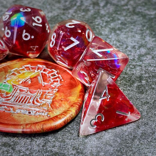 Sage’s Portal Cantrips DND Dice Set - Round Edge Resin 7-PC Polyhedral DND Dice Set for Dungeons and Dragons D&D RPG Tabletop TTRPG (Red Holo Flakes) - color: Red Holo Flakes