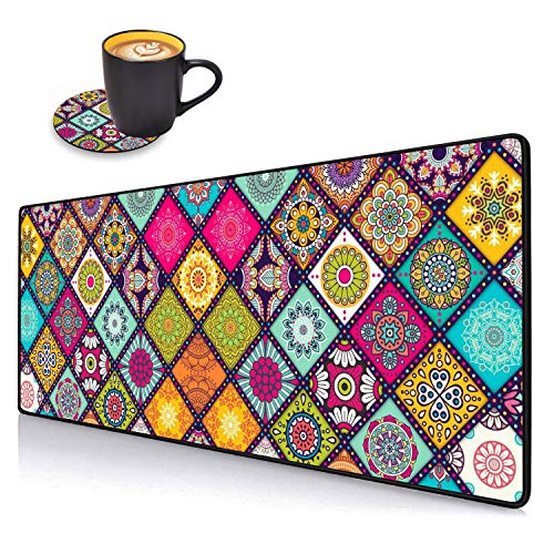 Desk Pad Mat Gaming Mouse Pads with Coasters Set, Stitched Edges Design Mouse Pad XXL Large Mouse Pad for Laptop Computers Flower Mandala Desk Writing Mat for Office & Home 31.5"x 11.8" - color: Flower Mandala