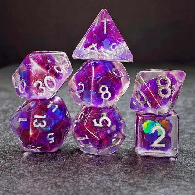 Sage’s Portal Cantrips DND Dice Set - Round Edge Resin 7-PC Polyhedral DND Dice Set for Dungeons and Dragons D&D RPG Tabletop TTRPG (Purple Holo Flakes) - color: Purple Holo Flakes