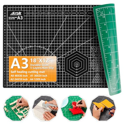ArtAt Self Healing Cutting Mat: 12inch x 18inch Double Sided 5-Ply Fabric Cutting Mat for Sewing, Quilting & Arts & Crafts - Gridded Rotary Cutting Board Mat in Green/Black. - color: Green/Black, size: 18"L x 12"W