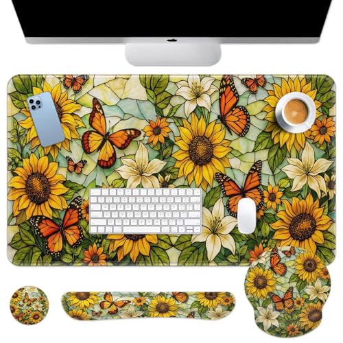 Britimes Yellow Sunflower Butterfly Keyboard Mouse Pad Set Floral Vintage 4in1 Large Mousepad+Keyboard Wrist Rest+Mouse Wrist Rest+Coaster Ergonomic Design for Home Office Computer 35.4x15.7 inches - color: Sunflower and Butterfly