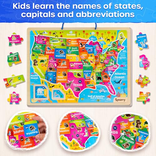 SYNARRY Large USA World Solar System Wooden Magnetic Puzzles for Kids Ages 4-6, Wood Puzzles Educational Games Toys Easter Gifts for Toddlers, United States World Space Map for Boys Girls Ages 3-5 4-8 - style: Magnetic USA World Solar System
