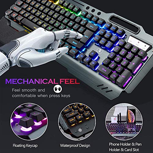 Wireless Gaming Keyboard and Mouse,RGB Backlit Rechargeable Keyboard Mouse with 5000mAh Battery Metal Panel,Removable Hand Rest Mechanical Feel Keyboard and 7 Color Gaming Mute Mouse for PC Gamer - color: Black RGB
