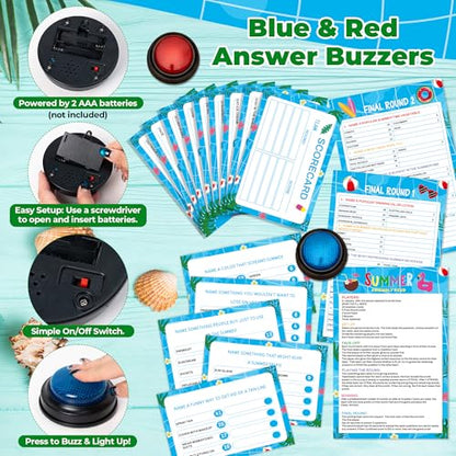 Eyxsaxenk Summer Friendly Feud Game with 2 Answer Buzzer - 40Pcs Family Fun Trivia Quiz Feud Card Buzzer Board Game Night for Summer Camp Party Family Trivia Night Gathering Group Team Building Supply - style: Summer