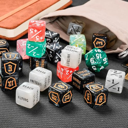 63 PCS MTG Dice Set with Shield Life Counter (1–12), Keyword Ability Counters, +1/-1 Stat Modifier Dice in 6 Colors, D20 & Storage Bag