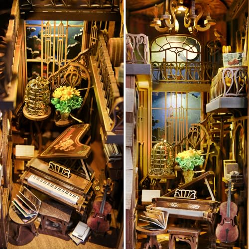 MiniCity Pianist and Nightingale Book Nook Kit, Wooden 3D Puzzle with LED | Create a moonlit piano room for display; LED, dust cover, glue/tools and guide included; 300 pieces, 6-8 hr build, ages 14+. - style: Pianist with Nightingale