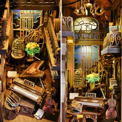 MiniCity Pianist and Nightingale Book Nook Kit, Wooden 3D Puzzle with LED | Create a moonlit piano room for display; LED, dust cover, glue/tools and guide included; 300 pieces, 6-8 hr build, ages 14+. - style: Pianist with Nightingale