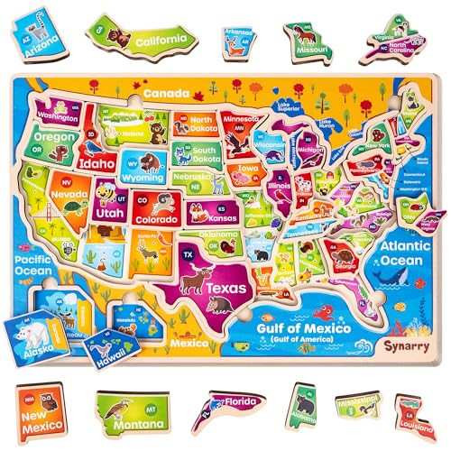 SYNARRY Large USA Wooden Puzzles for Kids Ages 3-5, Learning United States Map Puzles for Kids Ages 4-6, Wood Jigsaw Puzzles Educational Games Toys Gifts for Boys Girls Ages 3-8 - style: USA Map