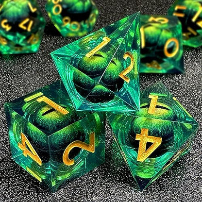 HAOMEJA DND Resin Dice Beholder's Dragon Eye Liquid Core Dice Set with Gift Eye Bag, Sharp Edges Dice Set 7 PCS Apply to Dungeons and Dragons Dice D20 D12 D10 D100 D8 D6 D4 (Eye Green) - color: 7 Eye Green