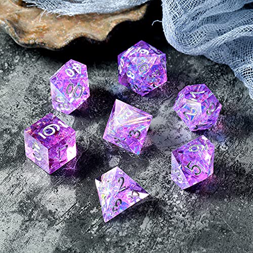 DNDND Sharp Edge Dice Set,Handmade 7 Piece DND Dice with Gift Case for DND Dungeons and Dragon Game (Purple with Silver Number) - color: Purple With Silver Num