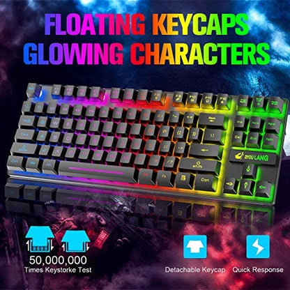 Wireless Membrane Gaming Keyboard and Mouse Set with 87Key Tenkeyless-Black | Rainbow LED Backlight,Rechargeable 3800mAh Battery,Anti-ghosting,Ergonomic,Waterproof,RGB Mute Mice for Computer PC Mac Gamer - color: Black