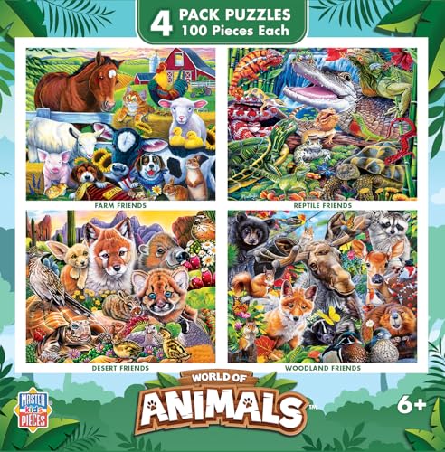 MasterPieces – Jigsaw Puzzle Set for Kids 6+ Years, 4-Pack of 100 Pieces, Educational and Fun Game, World of Animals Collection V2, Gift Idea for Children, 8" x 10" - style: World of Animals V2