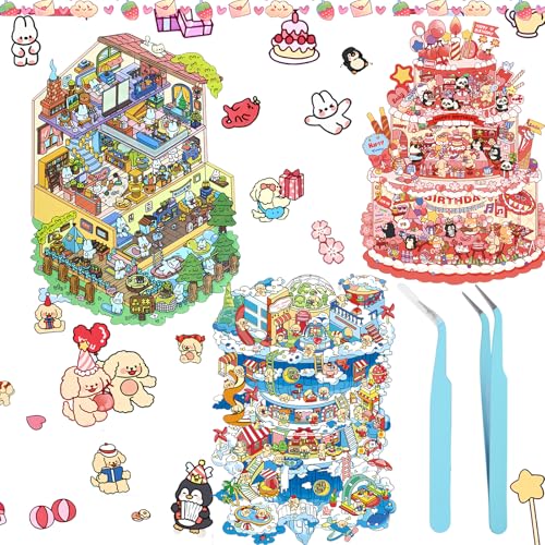 3D House Stickers,DIY Sticker Therapy for Adult Fun Cute Cartoon Stickers | Scene Make Your Own for MINI Room Scenes for MINIature Supermarket for Relief Stress Pass The Time (3 Pcs Large) - size: 3 Pcs Large