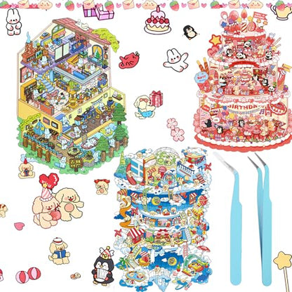 3D House Stickers,DIY Sticker Therapy for Adult Fun Cute Cartoon Stickers | Scene Make Your Own for MINI Room Scenes for MINIature Supermarket for Relief Stress Pass The Time (3 Pcs Large) - size: 3 Pcs Large