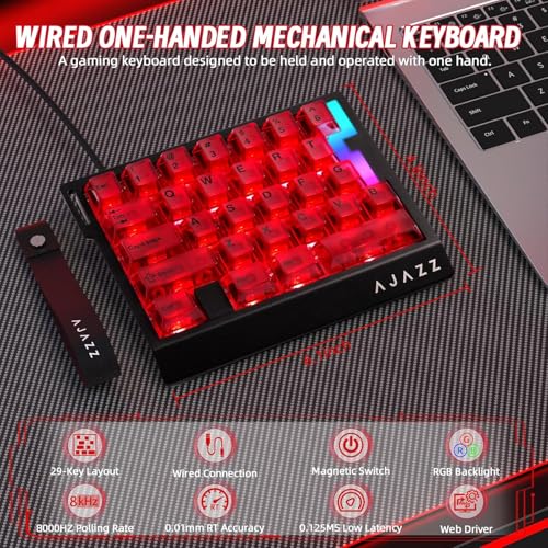 A.JAZZ AK029 Wired 29 Keys One-Handed RGB Gaming Keyboard with 8000HZ,0.01mm RT Magnetic Switches Adjustable Actuation,Hotswappable Mechanical Keyboard,Aluminum Plate,Web Driver for Gamers-Red - color: Red Transparent