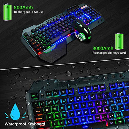 Wireless Gaming Keyboard Mouse & Mouse Pad Combo,3 in 1 Rainbow Backlit Rechargeable Keyboard with 3800mAh Battery Metal Panel Removable Hand Rest,RGB Gaming Mouse Pad(32.5x12 inch),Mute Gaming Mice - color: Rainbow