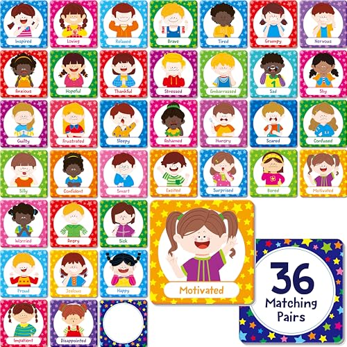 Hebayy 72 PCS Emotions Matching Game, 36 Pairs Feelings Memory Matching Cards Emotional Learning Activities Calm Down Corner Supplies for Baby Toddler Pre-K Preschool Kindergarten Autism ADHD - style: Emotions