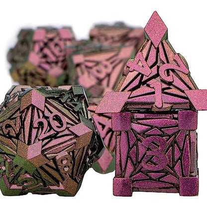7PCS Metal DND Dice Set with Box, Debris RPG Purple Red D and D Dice for use with D&D Tabletop Games Role Playing Game Polyhedral Dice Set D20 D12 D10 D8 D6 D4 - color: Red