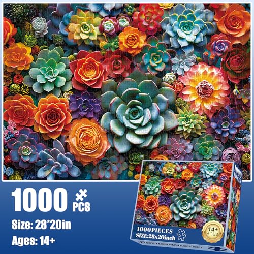 1000 Piece Puzzle for Adults - Colourful Flowers & Succulent Plants Puzzle for Adults Children - Recycled Paper Jigsaw Puzzle 1000 Pieces - Fun and Challenging Family Game Great Gift Idea, 28 * 20 in - style: Succulent Flower