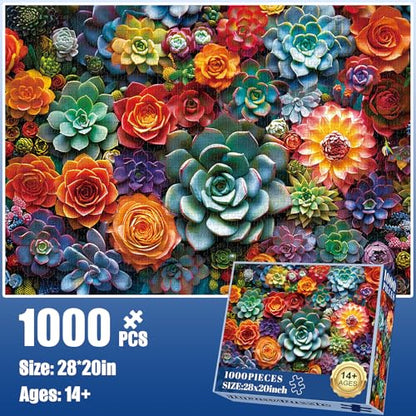 1000 Piece Puzzle for Adults - Colourful Flowers & Succulent Plants Puzzle for Adults Children - Recycled Paper Jigsaw Puzzle 1000 Pieces - Fun and Challenging Family Game Great Gift Idea, 28 * 20 in - style: Succulent Flower