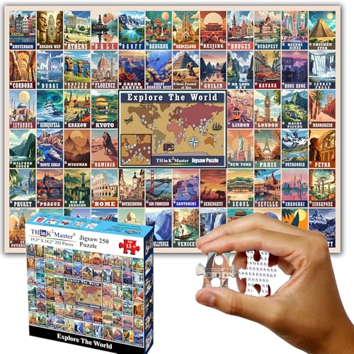 Think2Master Colorful Vintage World Destinations 250 Pieces Jigsaw Puzzle. Fun Educational Puzzle for Families. Great Gift for Teens & Adults with Interested in Traveling 14.2” X 19.3” - style: World Destinations