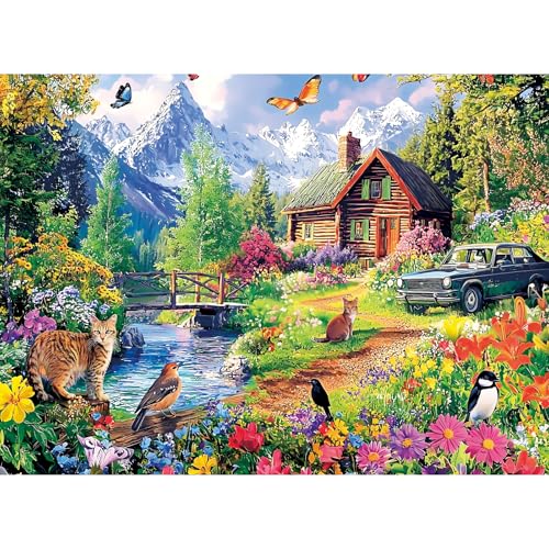 300 Piece Puzzles for Adult,Snow Mountain Flowers Birds Truck Jigsaw Puzzle | Interlock Perfectly Letter on Back No Dust,Home Wall Art Decor,Challenging Perfect Birthday Party Gift for Family, 20.5x15 In - color: Green