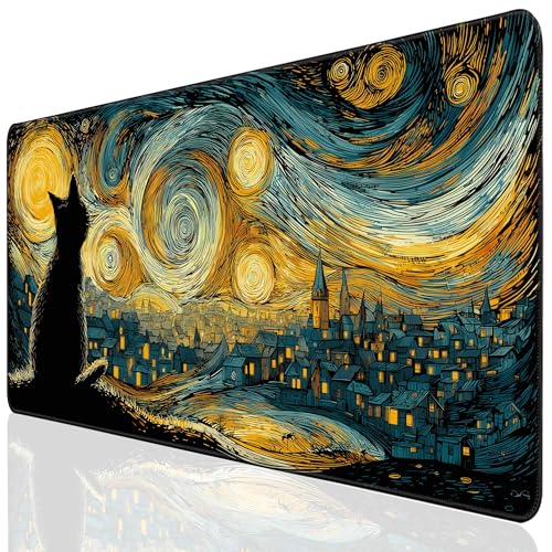 Desk Cover Mat, Extended Large Anime Mouse Pad, Computer Laptop Mat Desk Decor for Office Game Home 31.5 X 15.7 Inch (Starry Night Cat) - color: Starry Night Cat