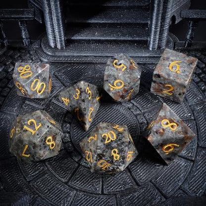 LUCKY-M Natural Flame Yooperlite Gemstone DND Dice, Birthday Gifts for Him, 7PCS Dungeons and Dragons Dice Set with Case for RPG, Handmade Cool Dice Sets D&D - color: Yooperlite Gemstone