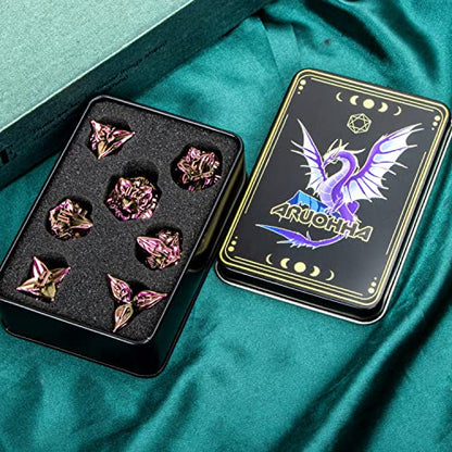 ARUOHHA DND Metal Dice Set Purple Red Leaf Design Polyhedral Dice with Box, 7PCS D and D Dice RPG Role Playing Games D20 D12 D10 D8 D6 - color: Purple Yellow