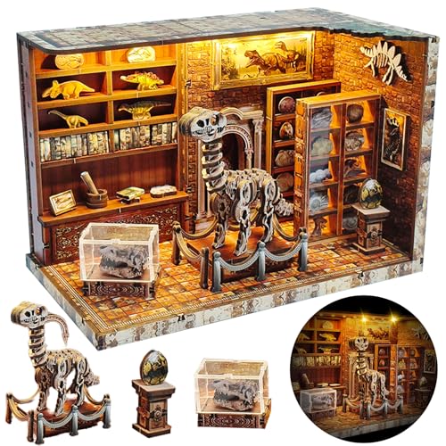 DIY Miniature House Kit – Mini House Book Nook Kit Bookend Bookcase Craft Bookshelf Home Decor with LED Light Christmas Birthday for Adults Beginners(Dinosaur Research Institute) - color: Dinosaur Research Institute