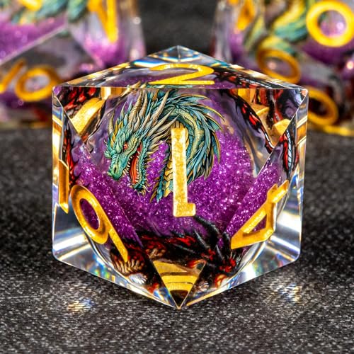 KERWELLSI Liquid Core Dragons Pattern Dice, Resin DND Dice Set with Gift Box, Purple and Gold Sharp Edged Dungeons D&D Dice, Role Playing Game Dice D20 D12 D10 D8 D6 D4 - color: Purple and Gold