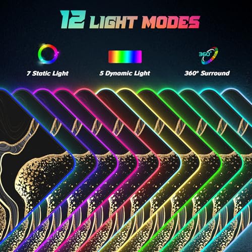 ITNRSIIET RGB Gaming Mouse Pad, Full Desk XL Extended Large Gaming Mousepad, 12 Lighting Modes 30% Thicker Big LED Desk Mat for Gamers, 32 x 12 inches, Black Gold Marbling - color: Black Gold Marbling
