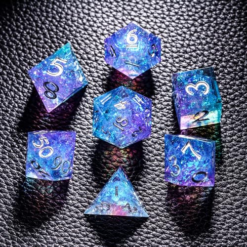7PCS DND Dice Set,Handmade Sharp Edge Dice Set D&D RPG Polyhedral Die,for Dungeons and Dragons TTRPG Games Roleplaying Games Pathfinder,with Gift Box(Purple and Blue) - color: Purple and Blue