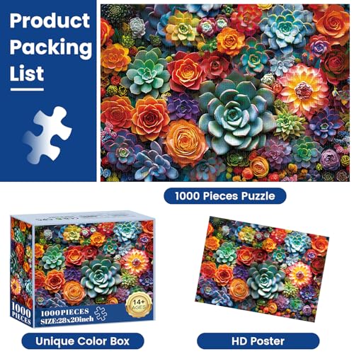 1000 Piece Puzzle for Adults - Colourful Flowers & Succulent Plants Puzzle for Adults Children - Recycled Paper Jigsaw Puzzle 1000 Pieces - Fun and Challenging Family Game Great Gift Idea, 28 * 20 in - style: Succulent Flower