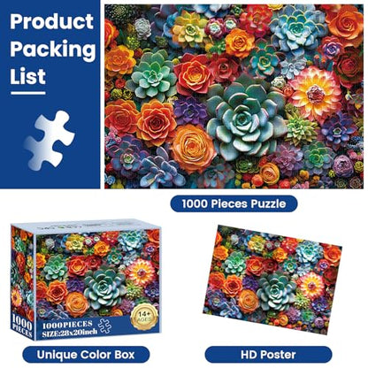 1000 Piece Puzzle for Adults - Colourful Flowers & Succulent Plants Puzzle for Adults Children - Recycled Paper Jigsaw Puzzle 1000 Pieces - Fun and Challenging Family Game Great Gift Idea, 28 * 20 in - style: Succulent Flower