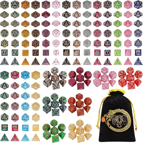 CiaraQ Holiday Theme Polyhedral Role Playing Dice with Pouch | 26 acrylic dice sets – 182 pcs total, 7 per set (D4-D20). Lightweight & durable. Great for D&D & tabletop games. Ages 14+. - color: 26 Colors - Festival Theme