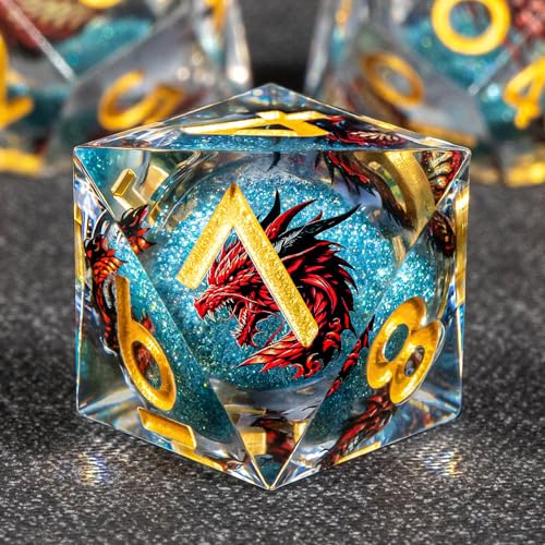KERWELLSI Liquid Core Dragons Pattern Dice, Resin DND Dice Set with Gift Box, Blue and Gold Sharp Edged Dungeons D&D Dice, Role Playing Game Dice D20 D12 D10 D8 D6 D4 - color: Blue and Gold