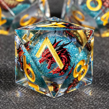 KERWELLSI Liquid Core Dragons Pattern Dice, Resin DND Dice Set with Gift Box, Blue and Gold Sharp Edged Dungeons D&D Dice, Role Playing Game Dice D20 D12 D10 D8 D6 D4 - color: Blue and Gold