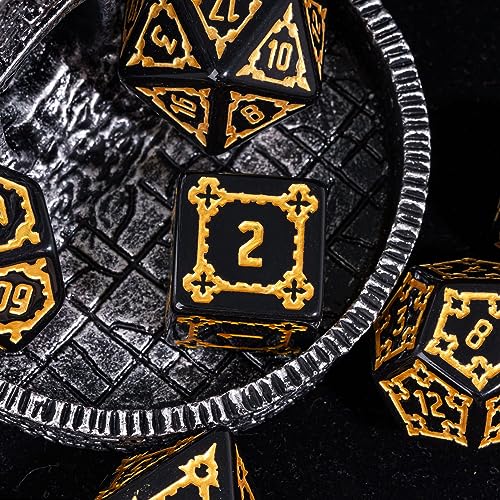 cusdie 7 Pcs 25mm Giant DND Dice with Dragon Eye Dice Bag, Polyhedral Dice Set, D&D Dice for Pathfinder RPG(Black) - color: Black Gold