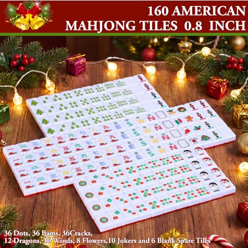 Soulchen Mini American Mahjong Tile Set Include 160 0.8 Inch Mahjong Tiles 2 Dice 4 Wooden Rulers 1 Accessory Bag 4 Beginner Rule Cards (Christmas) - style: Christmas