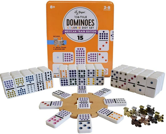 Regal Games Mexican Train Double 15 Dominoes Set for Adults & Kids - Domino Game with 136 Tiles Colored Dots & 8 Metal Trains - 2-8 Player Games & Ideal for Family Fun Game Night and Travel (Ages 8+) - color: Double 15 Dominoes
