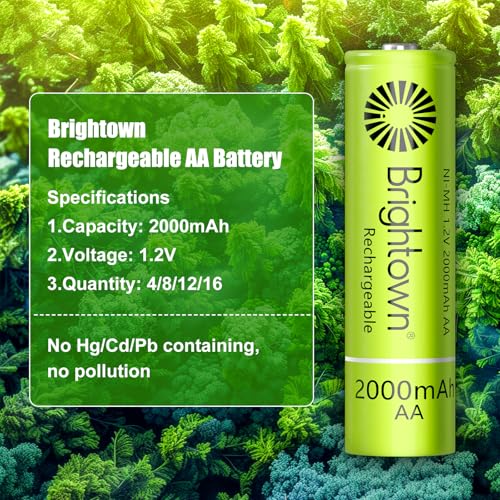 Brightown 16 Pack AA 2000mAh and 16 Pack AAA 1000mAh Rechargeable Batteries Combo - 1.2V NiMH High Capacity Battery - Ideal for Solar Lights & Home Devices, Recharge up to 1000x Times, Pre-Charged - size: 16PC AA 2000mAh + 16PC AAA 1000mAh