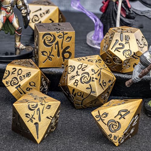 Gothic DND Dice Set Bleeding Rose Metal D and D Dice for use with Dungeons Dragons D&D Role Playing Game, Antique Gold RPG Blood Polyhedral Dice Set D20 D12 D10 D8 D6 D4 - color: Antique Gold