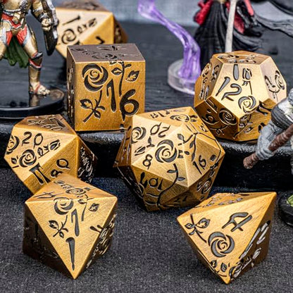 Gothic DND Dice Set Bleeding Rose Metal D and D Dice for use with Dungeons Dragons D&D Role Playing Game, Antique Gold RPG Blood Polyhedral Dice Set D20 D12 D10 D8 D6 D4 - color: Antique Gold