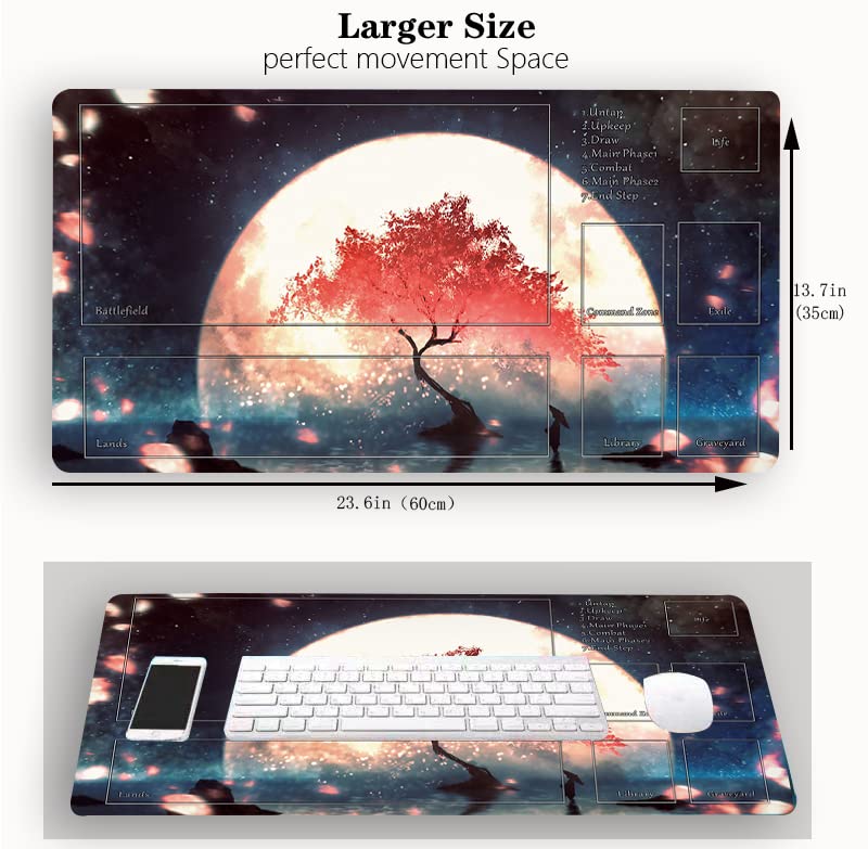 MTG Playmat, TCG Play Mat for RPG OCG 24 x 14 inches Trading Card Playmats with Storage Bag Smooth Rubber Surface Battle Game - color: Cherry Blossom Moon With Zones